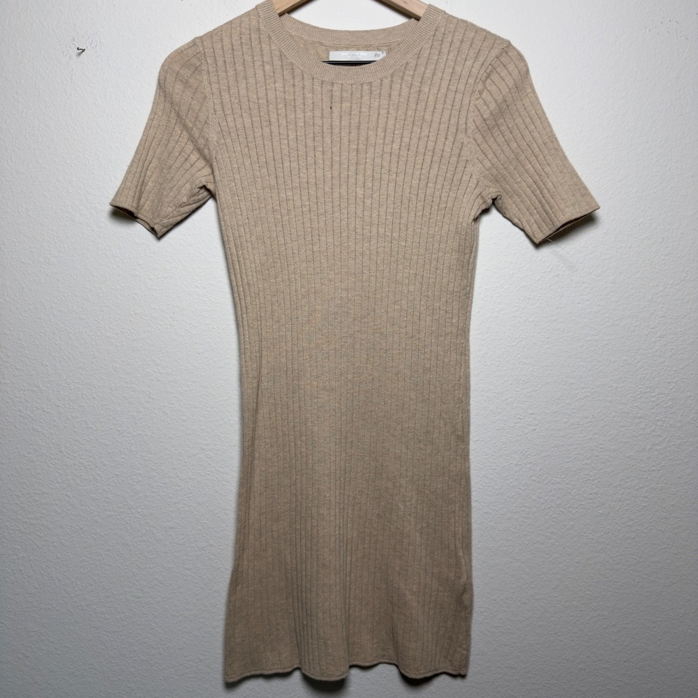 One Grey Day Women Cotton Cashmere Dress Small Tan Ribbed Short Sleeve